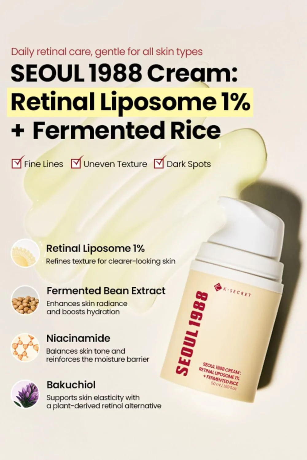 K-SECRET Cream : Retinal Liposome 1% + Fermented Rice 50ml - Image 8